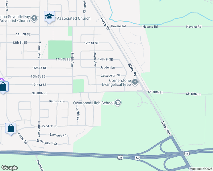 map of restaurants, bars, coffee shops, grocery stores, and more near 1315 Clover Lane Southeast in Owatonna