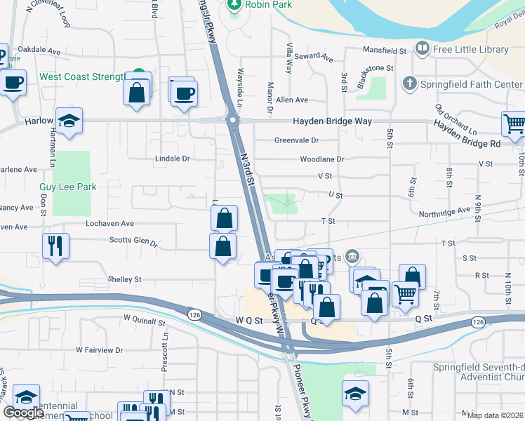 map of restaurants, bars, coffee shops, grocery stores, and more near 2144 Shadylane Drive in Springfield