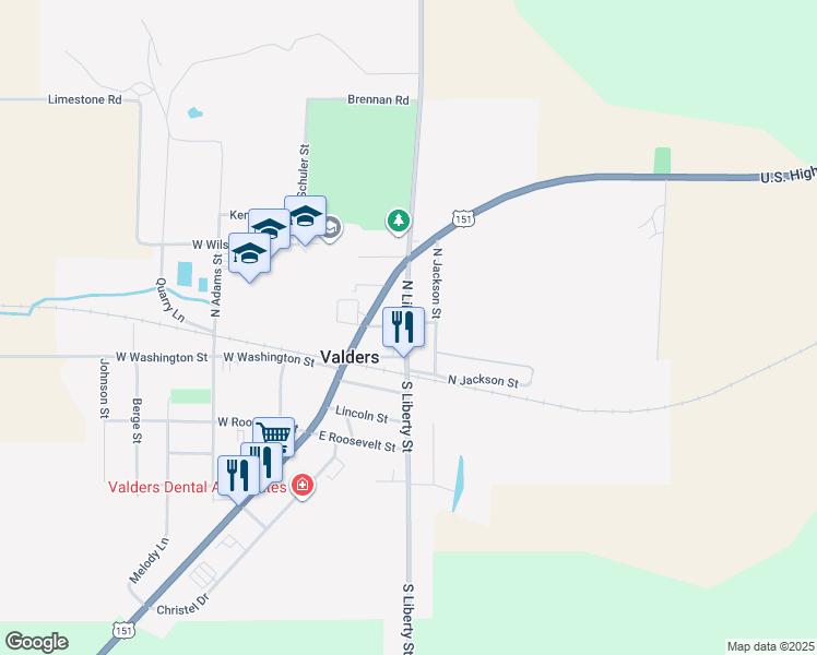 map of restaurants, bars, coffee shops, grocery stores, and more near 221 North Liberty Street in Valders