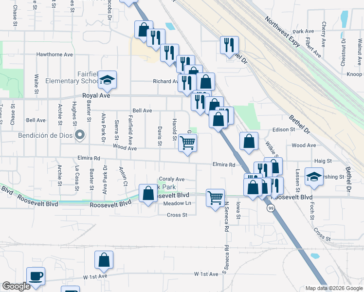 map of restaurants, bars, coffee shops, grocery stores, and more near 3157 Wood Avenue in Eugene