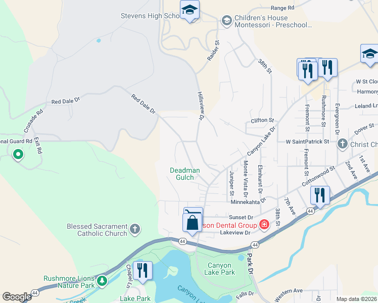 map of restaurants, bars, coffee shops, grocery stores, and more near 1914 Red Dale Drive in Rapid City