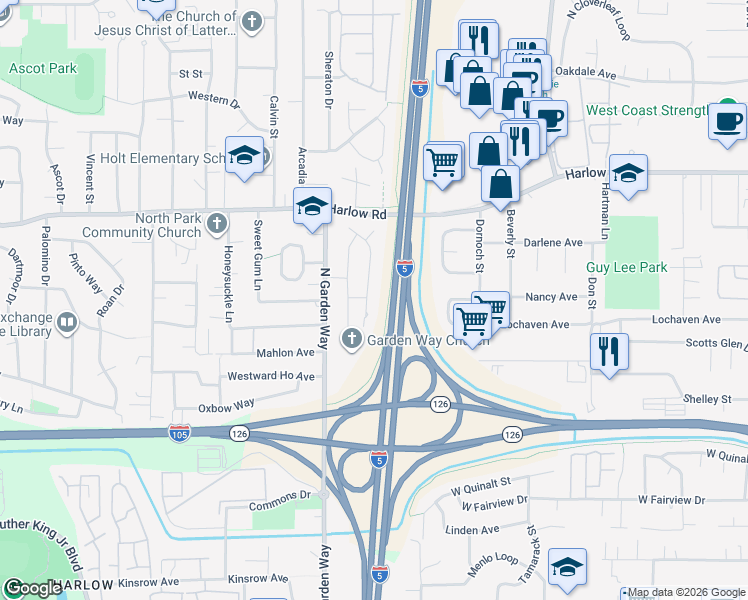 map of restaurants, bars, coffee shops, grocery stores, and more near 469 Panda Loop in Eugene