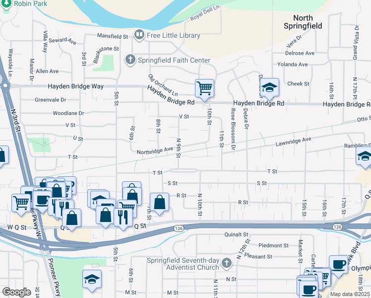 map of restaurants, bars, coffee shops, grocery stores, and more near 921 Northridge Avenue in Springfield