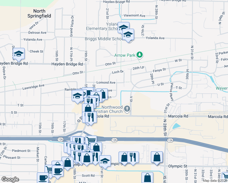 map of restaurants, bars, coffee shops, grocery stores, and more near 2193 Firth Avenue in Springfield