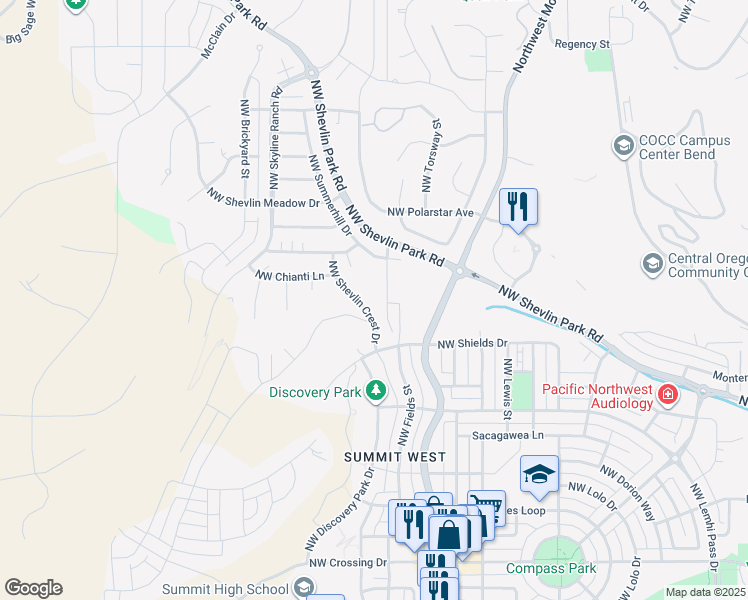 map of restaurants, bars, coffee shops, grocery stores, and more near 2201 Northwest Reserve Camp Court in Bend