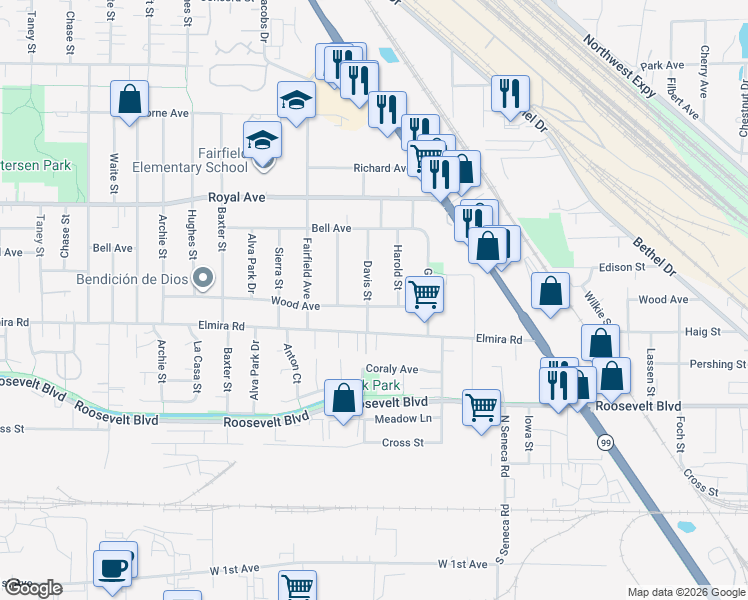 map of restaurants, bars, coffee shops, grocery stores, and more near 3285 Wood Avenue in Eugene