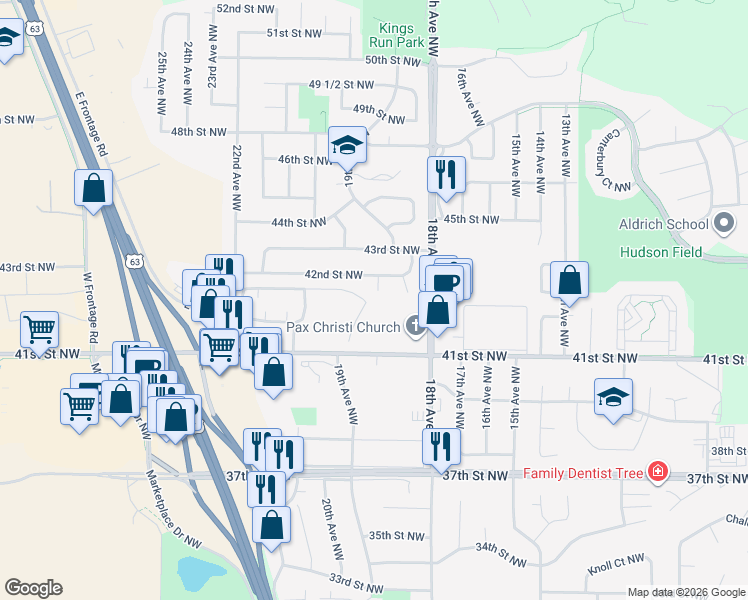 map of restaurants, bars, coffee shops, grocery stores, and more near 4100 19 1/2 Lane Northwest in Rochester
