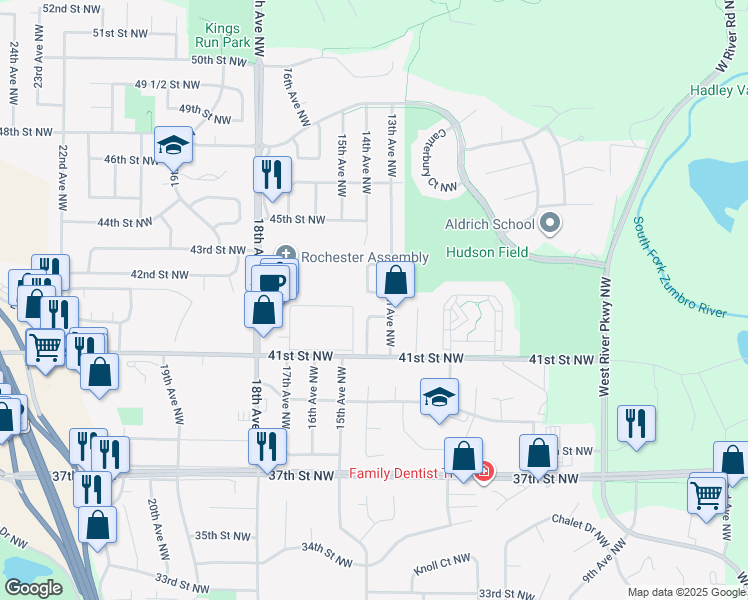 map of restaurants, bars, coffee shops, grocery stores, and more near 1316 43rd Street Northwest in Rochester