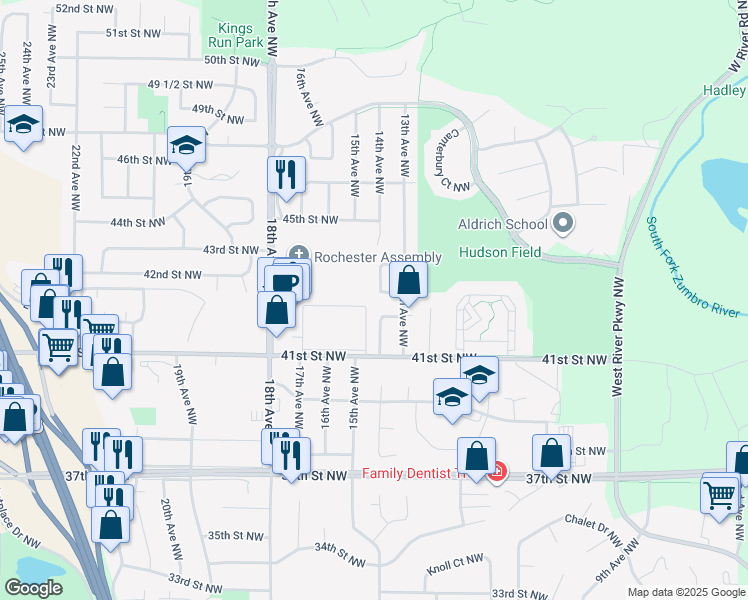 map of restaurants, bars, coffee shops, grocery stores, and more near 1316 43rd Street Northwest in Rochester