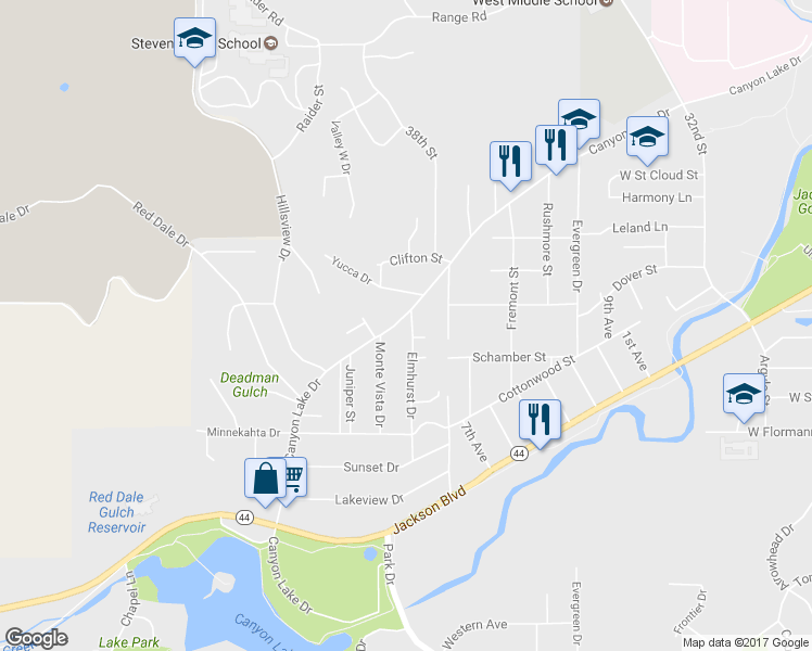 map of restaurants, bars, coffee shops, grocery stores, and more near 3915 Canyon Lake Drive in Rapid City