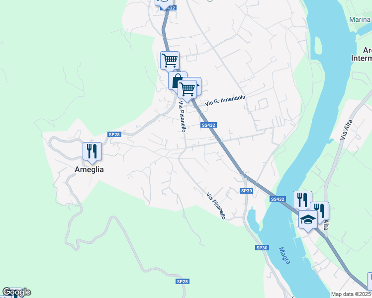 map of restaurants, bars, coffee shops, grocery stores, and more near 64 Via Pisanello in Ameglia