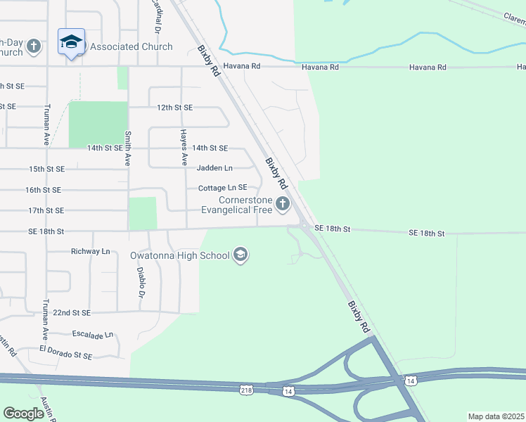 map of restaurants, bars, coffee shops, grocery stores, and more near 1715 Cornerstone Lane in Owatonna