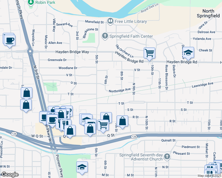 map of restaurants, bars, coffee shops, grocery stores, and more near 652 Northridge Avenue in Springfield