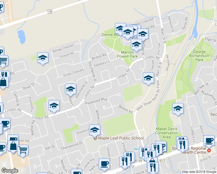 map of restaurants, bars, coffee shops, grocery stores, and more near 329 Buckingham Road in Newmarket