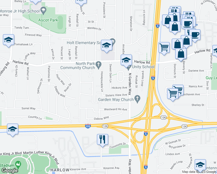map of restaurants, bars, coffee shops, grocery stores, and more near 500 Sweet Gum Lane in Eugene