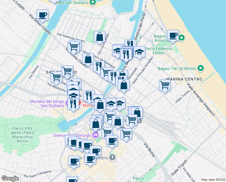 map of restaurants, bars, coffee shops, grocery stores, and more near 11 Via Destra del Porto in Rimini