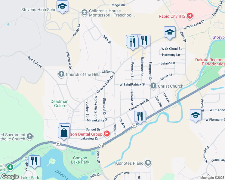 map of restaurants, bars, coffee shops, grocery stores, and more near 1915 38th Street in Rapid City