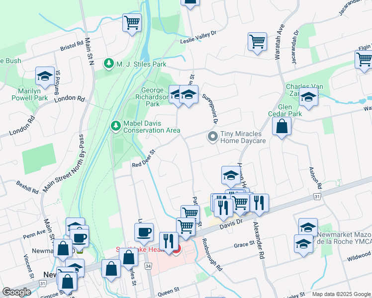 map of restaurants, bars, coffee shops, grocery stores, and more near 156 Patterson Street in Newmarket