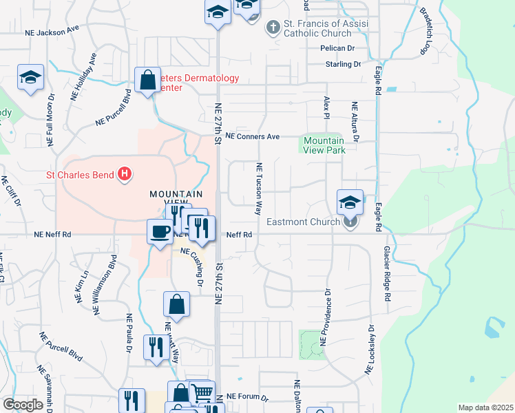 map of restaurants, bars, coffee shops, grocery stores, and more near 1701 Northeast Wichita Way in Bend