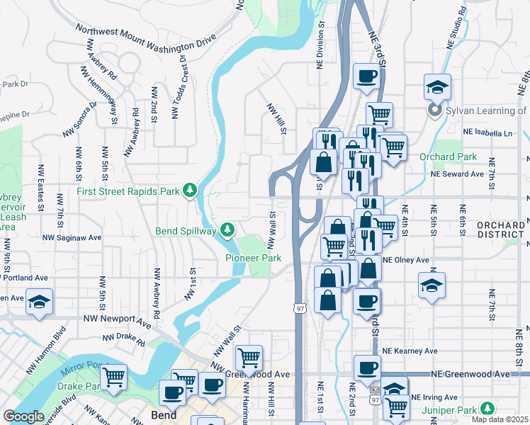 map of restaurants, bars, coffee shops, grocery stores, and more near 1727 Northwest Wall Street in Bend