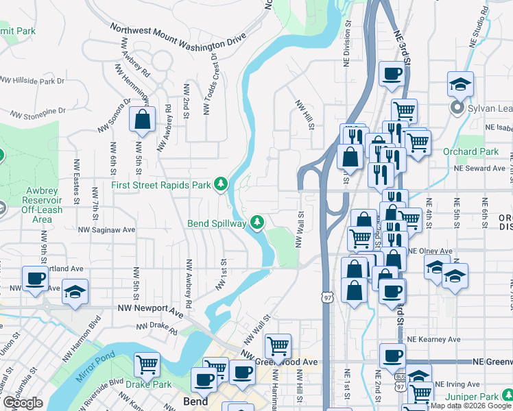 map of restaurants, bars, coffee shops, grocery stores, and more near 221 Northwest Linster Place in Bend