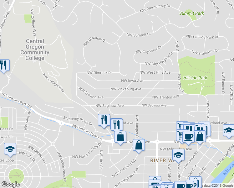 map of restaurants, bars, coffee shops, grocery stores, and more near 1732 Northwest Trenton Avenue in Bend