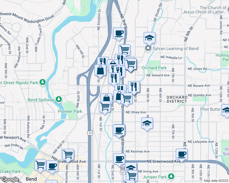 map of restaurants, bars, coffee shops, grocery stores, and more near 211 Northeast Revere Avenue in Bend