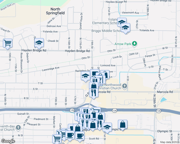 map of restaurants, bars, coffee shops, grocery stores, and more near 2180 19th Street in Springfield