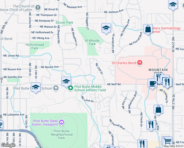 map of restaurants, bars, coffee shops, grocery stores, and more near 1746 Northeast Janice Way in Bend