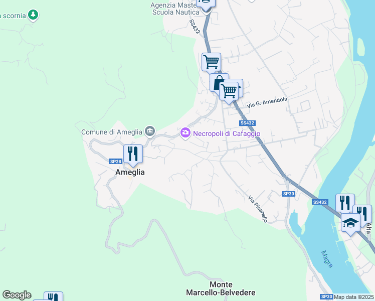 map of restaurants, bars, coffee shops, grocery stores, and more near 33 Via Canal Grande in Ameglia