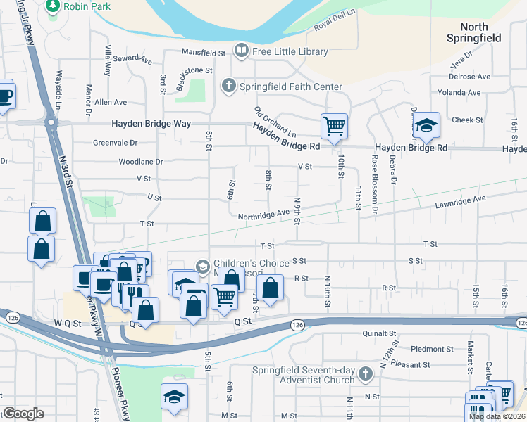 map of restaurants, bars, coffee shops, grocery stores, and more near 748 Northridge Avenue in Springfield