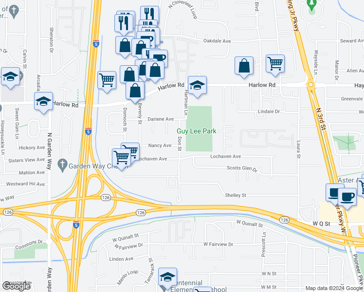 map of restaurants, bars, coffee shops, grocery stores, and more near 2269 Don Street in Springfield