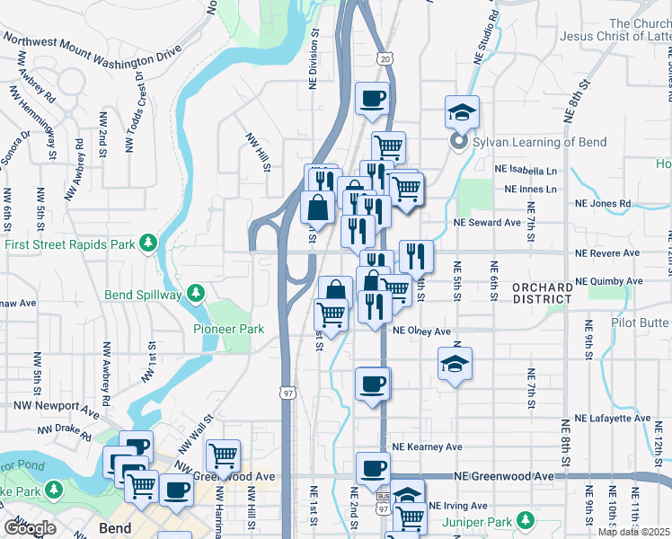 map of restaurants, bars, coffee shops, grocery stores, and more near 1723 Northeast Lytle Street in Bend