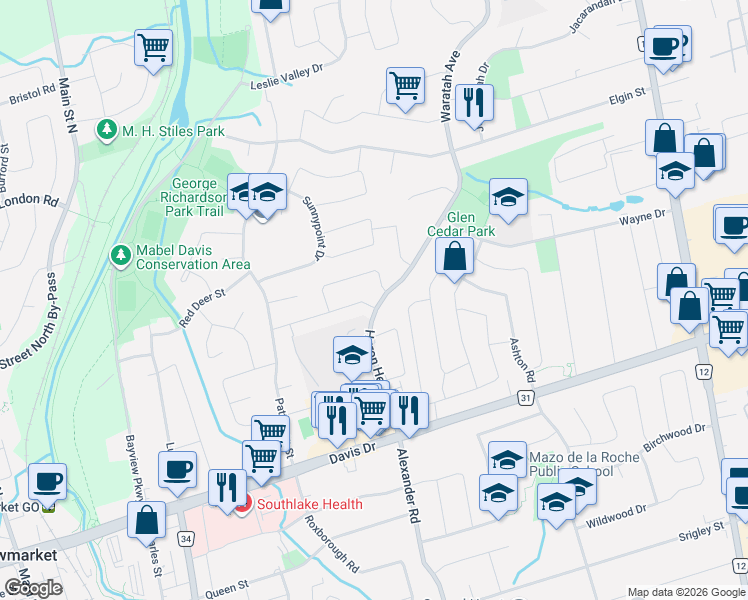 map of restaurants, bars, coffee shops, grocery stores, and more near 120 Huron Heights Drive in Newmarket