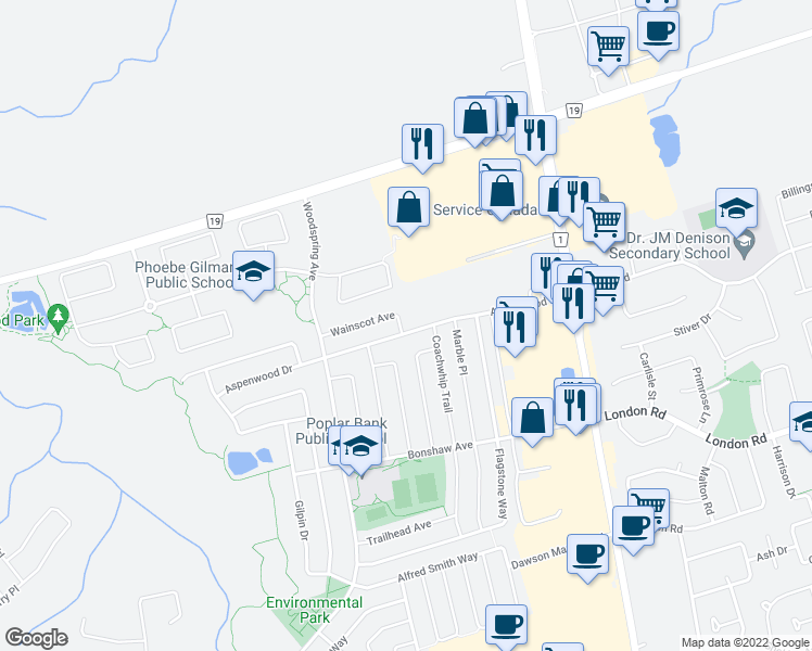 map of restaurants, bars, coffee shops, grocery stores, and more near 135 Wainscot Avenue in Newmarket