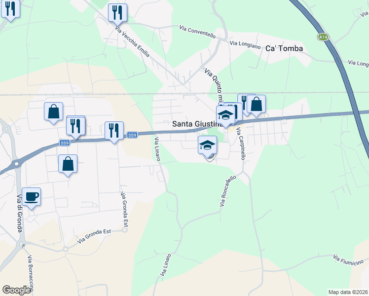 map of restaurants, bars, coffee shops, grocery stores, and more near 2 Via Meldola in Santa Giustina