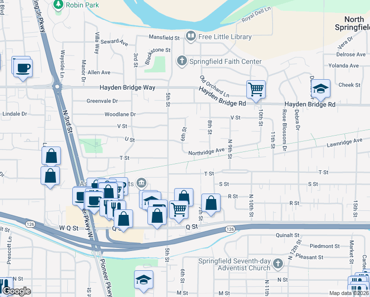 map of restaurants, bars, coffee shops, grocery stores, and more near 2125 6th Street in Springfield