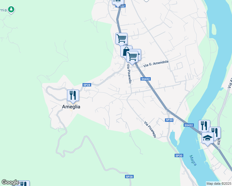map of restaurants, bars, coffee shops, grocery stores, and more near 28 Via Maestà in Ameglia