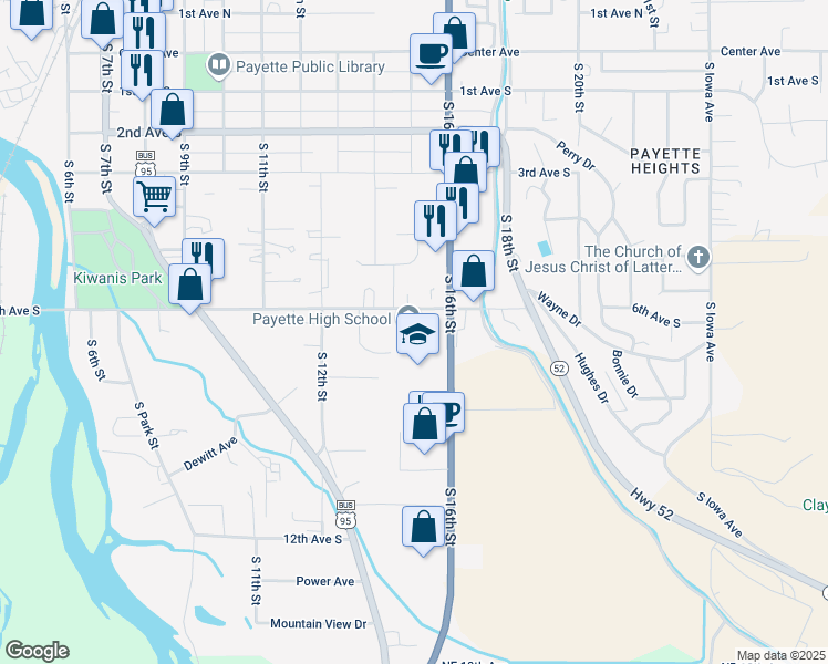 map of restaurants, bars, coffee shops, grocery stores, and more near 1500 6th Avenue South in Payette