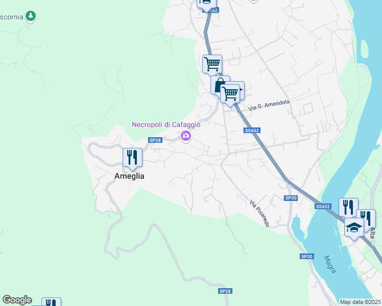 map of restaurants, bars, coffee shops, grocery stores, and more near 33 Via Canal Grande in Ameglia