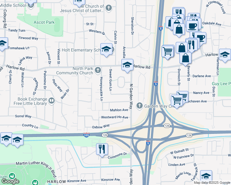 map of restaurants, bars, coffee shops, grocery stores, and more near 3575 Hickory Ave in Eugene
