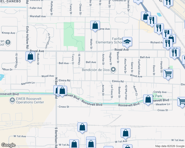 map of restaurants, bars, coffee shops, grocery stores, and more near 450 Waite Street in Eugene
