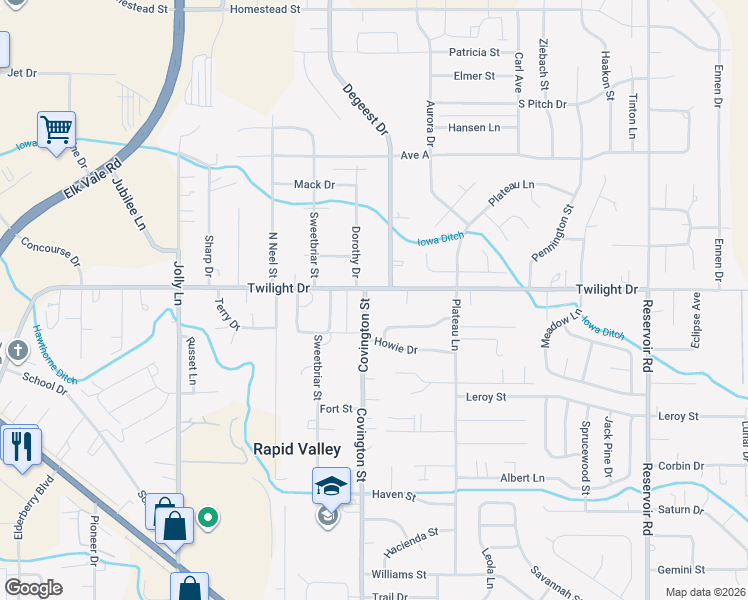 map of restaurants, bars, coffee shops, grocery stores, and more near 4555 Twilight Drive in Rapid City