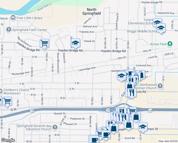map of restaurants, bars, coffee shops, grocery stores, and more near 2215 15th Street in Springfield