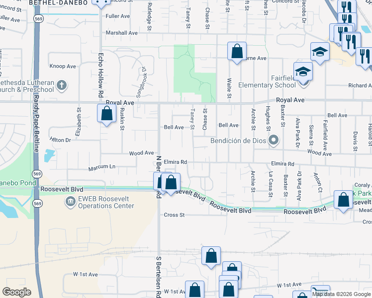 map of restaurants, bars, coffee shops, grocery stores, and more near 566 Taney Street in Eugene