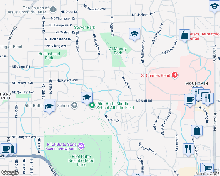 map of restaurants, bars, coffee shops, grocery stores, and more near 1800 Northeast Coby Way in Bend