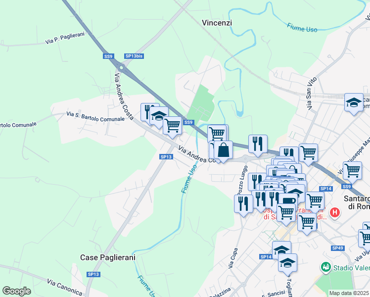 map of restaurants, bars, coffee shops, grocery stores, and more near 80 Via Andrea Costa in Santarcangelo di Romagna