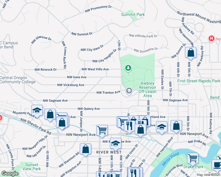 map of restaurants, bars, coffee shops, grocery stores, and more near 1270 Northwest Trenton Avenue in Bend
