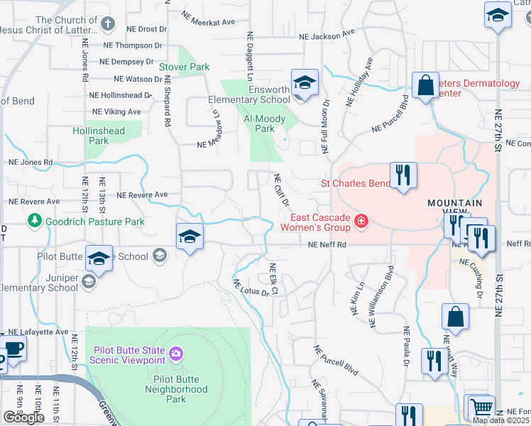 map of restaurants, bars, coffee shops, grocery stores, and more near 1746 Northeast Janice Way in Bend