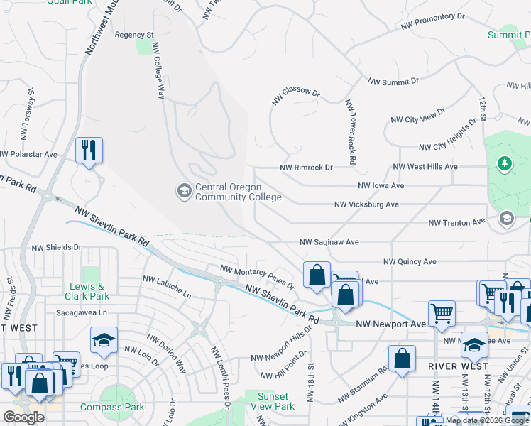 map of restaurants, bars, coffee shops, grocery stores, and more near 2094 Northwest Cascade View Drive in Bend